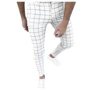 Generisch Men's Four Seasons Fashion Suit Trousers with Checked Pattern Print for Casual Elegance Practical Pockets, White, L