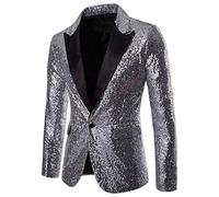 Generisch Men's Glitter Golden Wedding Suit Jacket Party Sequins Blazer Slim Fit Suits Tuxedo Performance Show Jackets Regular Fit Modern Bomber Jacket Carnival Fancy Dress Suit Jackets, O silver., L
