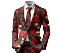 Generisch Men's Halloween Costume Jacket Slim Fit Leisure Suit Jacket One Button Long Sleeve Coat with Skull Rose Bloody Printed Elegant Horror Blazer Festival Jacket Jackets, O Black, XXL