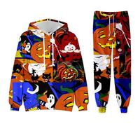 Generisch Men's Halloween Outfit Horror Skull Print Sweatshirt with Hood and Jogging Bottoms Set Waterproof Breathable Tracksuit Punk Sports Suit Gym Tracksuit Windproof Leisure Suit, orange, XL