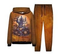 Generisch Men's Halloween Outfit Horror Skull Print Sweatshirt with Hood and Jogging Bottoms Set Waterproof Breathable Tracksuit Punk Sports Suit Gym Tracksuit Windproof Leisure Suit, gold, XL