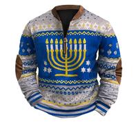 Generisch Men's Hanukkah Pullover with Menorah Motif - Knitted Look Sweatshirt with Zip | Festive Troyer for the Festival of Lights, style_d01 blue, L