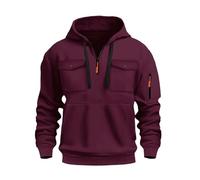 Generisch Men's Hooded Pullover with Zip Hoodie - 1/4 Zip Sweatshirts with Hood Hoodie - Multi Pockets Sports Fitness Training Hoodie Hooded Jacket Sweat Jacket Plain, Wine Red, S
