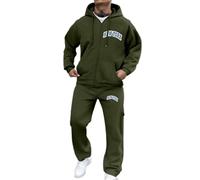 Generisch Men's Hooded Suit with New York Print Zip Casual Outfit for Everyday Leisure Autumn Winter Comfortable Men's Fashion 2-Piece Jogging Suit Tracksuit Loose Leisure Suit, O Army Green, L