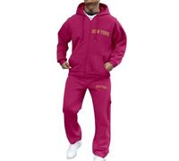 Generisch Men's Hooded Suit with New York Print Zip Casual Outfit for Everyday Leisure Autumn Winter Comfortable Men's Fashion 2-Piece Jogging Suit Tracksuit Loose Leisure Suit, P Hot Pink, XXXL