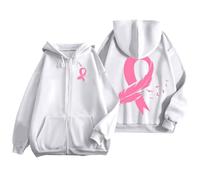 Generisch Men's Hoodie with Zip, Pocket and Drawstring for Everyday and Breast Cancer Awareness Print, Basic Pullover Pullover, White, XXL