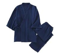 Generisch Men's Japanese Kimono Pyjamas Spring Washed Crepe Loungewear Set Loose Fit, navy, M