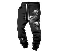Generisch Men's Jogging Bottoms with Skull Motif, Casual Trousers with Smoking Skulls and Cross in 3D Print, Dark Gothic and Biker Trousers for Men, Style Y01 Black, 3XL