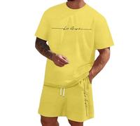 Generisch Men's Jogging Suit, Short 2-Piece Comfortable T-Shirt & Shorts Set, Cotton Mix, Oversized Street Print, Breathable, Sports, Leisure Outfit for Training, Streetwear, Travel, Yellow-2, M