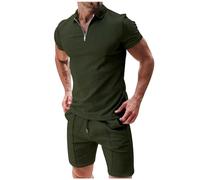 Generisch Men's Jogging Suit Summer Short Sleeve Tracksuit 2-Piece 1/4 Zip Polo Shirt + Shorts Casual Summer Suit Baggy Leisure Suit Business Polo Shirt Set Loungewear, O Army Green, M