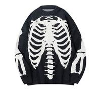 Generisch Men's Knitted Jumper Skeleton Bone Print Cable Knit Jumper Relaxed Fit Crew Neck Jumper Comfort Skull Winter Jumper Crew Neck Warm Jumper Jumper, black, L
