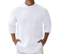 Generisch Men's Linen Shirt Long Sleeve Cotton Linen Mix, Regular Fit Summer Shirt with Button Placket - Versatile Casual and Business Shirt for Beach, Office Everyday, White-a, 3XL