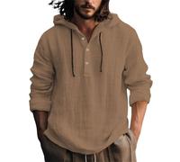 Generisch Men's Linen Shirt with Hood, Summer Hoodie, Long Sleeve Button Down Hoody Tops, Thin Long Sleeve Shirt, Men, Plain, Casual Summer Shirt, Casual Shirts, Cotton Linen Shirt, Hooded Shirt