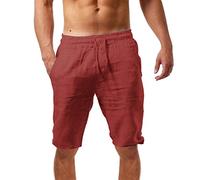 Generisch Men's Linen Shorts Lightweight Airy Summer Shorts Plain Loose Fit Short Casual Shorts Stretch Baggy Bermuda Shorts with Pockets Drawstring Casual Trousers, red, S