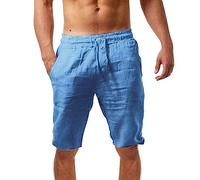Generisch Men's Linen Shorts Lightweight Airy Summer Shorts Plain Loose Fit Short Casual Shorts Stretch Baggy Bermuda Shorts with Pockets Drawstring Casual Trousers, darkblue, S