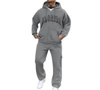 Generisch Men's Long-Sleeved Tracksuit Florida Letter Print Jogging Bottoms Autumn Winter 2-Piece with Hood and Pockets Hoodie Set Hooded Jacket Warm Jogging Suit Casual Streetwear, O Light Grey, XXL