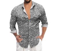 Generisch Mens Mardi Sequin Fashion Digital 3D Printed Long Sleeve Button Down Shirt Top, silver, L