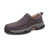 Generisch Men's Moccasin Trainers Leather Look Slip-On with Stitched Decorative Shoes - Flat Casual Shoes in Outdoor Casual Style with Robust Tread Sole Comfortable Everyday Shoes, Style F03 Brown