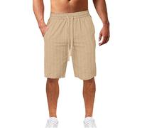 Generisch Men's Pinstripe Shorts Made of Cotton and Linen Sweat Shorts Casual Trousers Stylish Summer Shorts Hiking Trousers Beach Shorts with Pockets Drawstring Shorts, khaki, M