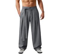 Generisch Men's Pleated Trousers Elegant Draped with Wide Leg - Casual Linen Trousers with High Waistband and Tie Belt Avant-Garde Fabric Trousers for a Stylish Appearance