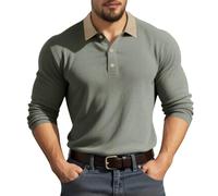 Generisch Men's Pullover with Collar Long Sleeve Fine Knit Casual Shirt with Button Placket Basic Regular Fit Men's Golf Tennis Blouses Vintage Sweatshirt Long Sleeve Textured Top, light green, L