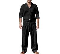 Generisch Men's Pyjamas Long Pyjamas Sleepwear Two Piece Loungewear Set Long Sleeve Shirt and Pyjama Bottoms Cotton Two-Piece Nightwear Set Leisure Loungewear Plain Leisure Suit, black, L