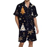Generisch Men's Pyjamas Satin Winter Loose Fit Casual Silk Pyjamas Breathable Short Sleeve Pijamas Christmas Pattern Comfortable Fit Pyjamas Casual Trouser Suit with Button Placket Christmas Print, O