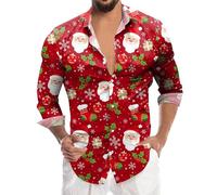 Generisch Men's Santa Claus Digital Print 3D Long Sleeve Button Down Shirt Breathable Cotton Fabric Comfortable Cut, Red (watermelon red), XL