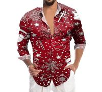 Generisch Men's Santa Claus Digital Print 3D Long Sleeve Button Down Shirt Breathable Cotton Fabric Comfortable Cut, Wine Red, XXL