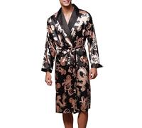 Generisch Men's Satin Bathrobe Silk Spa Long Sleeve House Kimono Dressing Gown Nightdress V-Neck Long Night Robe Soft Sleepwear Bathrobe Loungewear, black, XXXL