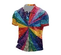 Generisch Men's Sequin Shirt with Rainbow Swirl Pattern and Glitter Effect - Short Sleeve Button Down Shirt in Pride Festival Look | Eye-catching Party Top for Events and Celebrations