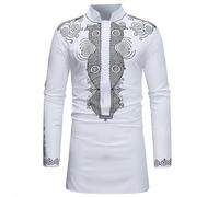 Generisch Men's Shirt Long Tube Print National Shirt Long Sleeve Business Shirt with Third Elegant Shirt for Men Breathable Cotton, White, M
