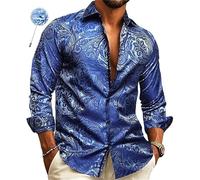 Generisch Men's Shirts Long Sleeve Non-Iron Paisley Printed Shirt Blouse Button Down Plain Long Sleeve Shirt Glossy Comfort Casual Shirt Regular Fit Men's Shirt Lapel Business Shirt, blue, XXL