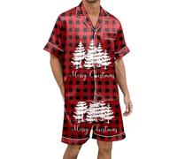Generisch Men's Short Pyjamas Christmas Pyjama Set for Men Multicoloured Printed Silk Satin with Short Sleeves Button Placket Pyjamas with Cuffs for Men
