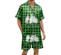Generisch Men's Short Pyjamas Christmas Pyjama Set for Men Multicoloured Printed Silk Satin with Short Sleeves Button Placket Pyjamas with Cuffs for Men, Green, XL