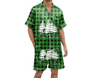 Generisch Men's Short Pyjamas Christmas Pyjama Set for Men Multicoloured Printed Silk Satin with Short Sleeves Button Placket Pyjamas with Cuffs for Men, Green, XL