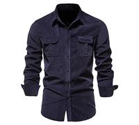 Generisch Men's Short Sleeve Non-Iron Fashionable Simple Corduroy Business Slim Fit Plain Cardigan Long Sleeve Shirt for Men Thermal Underwear Men's Shirt, navy, XL