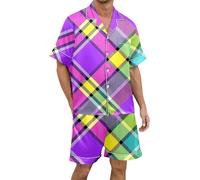 Generisch Men's Short Sleeve Pyjamas with Colourful Checked Pattern - Two Piece Pyjama Set with Shirt and Shorts | Summer Sleepwear for the Christmas Season, style_b06 purple, XXL