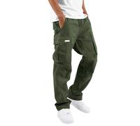 Generisch Men's Street Leisure Sports Pocket Foot Mouth Cap Rope Waist Lacing Patchwork Ribbon Standard Woven Cargo Trousers, Army Green, S