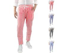 Generisch Men's Striped Linen Trousers Carnival Lightweight Bright Striped Trousers Casual Trousers Comfortable Cotton Mix Trousers with Drawstring Colourful Colours Fabric Trousers Men Red White