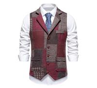 Generisch Men's Suit Vest in Patchwork Style - Slim Fit Business Vest in Various Tweed Patterns | Elegant and Unique Gilet for Wedding and Suit, style s03 wine red, M