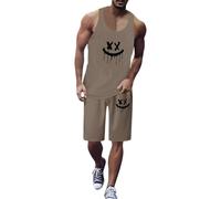 Generisch Men's Suits 2-Piece Set Breathable Vest Shorts Outfit Stretchy Summer Clothing Comfortable Everyday Wear with Colour Gradient for Spring Warm Days, khaki, 3XL