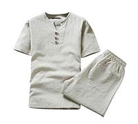 Generisch Men's Summer Short Leisure Suit, Cotton and Linen Casual Suit, Two Piece Sets, Classic 3 Buttons, Short Sleeve and Short Bottom, Cuddly Leisure Suit for Men, beige, L