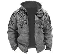 Generisch Men's Sweat Jacket with Hood Vintage Cardigan Hiking Jacket Ethnic Viking Hooded Jacket Print Sports Jacket Zip-Up Hoodie Warm Lumberjack Jacket Streetwear Style for Motorcycle, darkgray