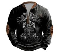 Generisch Men's Sweatshirt with Dark Viking Motif - Jumper with Shaman Skull and Runes | Biker Long Sleeve Shirt with Zip Collar and Distressed Look, Style N01 Black, M