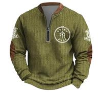 Generisch Men's Sweatshirt with Viking Rune Motif - Pullover with Odins Rune and Thor's Hammer in 3D Knitted Look Biker Long Sleeve Shirt with Zip Collar, Style M02 Green, L