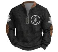 Generisch Men's Sweatshirt with Viking Rune Motif - Pullover with Odins Rune and Thor's Hammer in 3D Knitted Look Biker Long Sleeve Shirt with Zip Collar, Style M01 Black, XXL