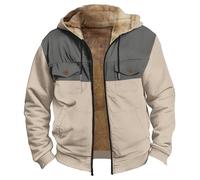 Generisch Men's Teddy Fleece Jacket, Two-Tone Fleece Transition Jacket, Patchwork Sweatshirt with Hood, Casual Quilted Coat, Windproof Down Coat, Outdoor Jacket, Winter Jacket, khaki, XL