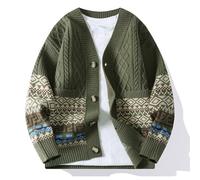 Generisch Men's V-Neck Vintage Cardigan with Argyle Plaid Patterned Classic Design Winter Pullover Single Breasted Long Sleeve Unique Streetwear Japanese Style Short Coat