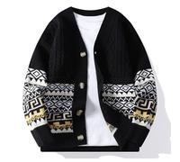 Generisch Men's V-Neck Vintage Cardigan with Argyle Plaid Patterned Classic Design Winter Pullover Single Breasted Long Sleeve Unique Streetwear Japanese Style Short Coat, O Black, XL